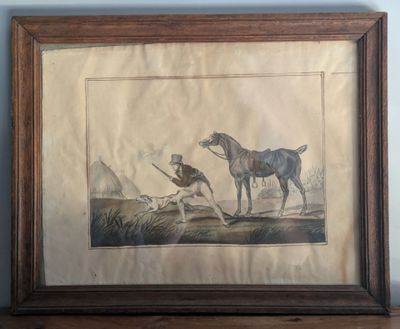 tableau représentant un homme et un cheval dans un champ, en compagnie d'un chien
