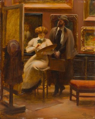 painting of a man and a woman in a room with paintings on the wall
