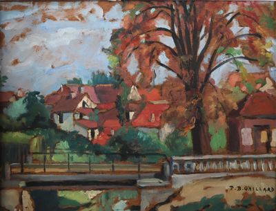 un tableau représentant un pont enjambant une rivière, avec des maisons en arrière-plan
