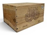 an image of a wooden box with a picture of a castle on it