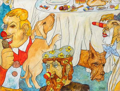 a painting of a clown and a dog at a dinner table