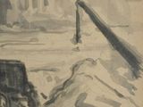 drawing of a snow plow in a snowy landscape with a building in the background