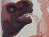 a drawing of a woman feeding a horse with a toothbrush