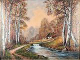 painting of a stream running through a forest with a house in the distance