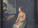 un vieux tableau représentant une femme assise devant une fenêtre