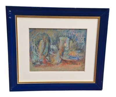 tableau représentant un cadre bleu dans lequel figure un homme et une femme dans un jardin