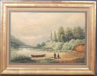 tableau représentant deux personnes dans un bateau sur une rivière, avec des montagnes en arrière-plan