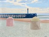 un tableau représentant deux parapluies sur la plage, près d'une jetée