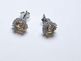 une paire de boucles d'oreilles en diamants jaunes et blancs posées sur un fond blanc