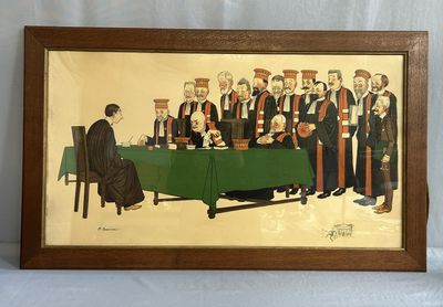 painting of a group of men standing around a table with a green table cloth