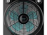 a close up of a black and blue fan on a white background