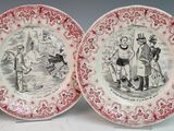 three red and white plates with pictures of people on them
