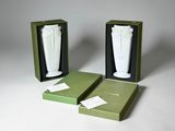 packaging for a white vase in a green box on a white surface