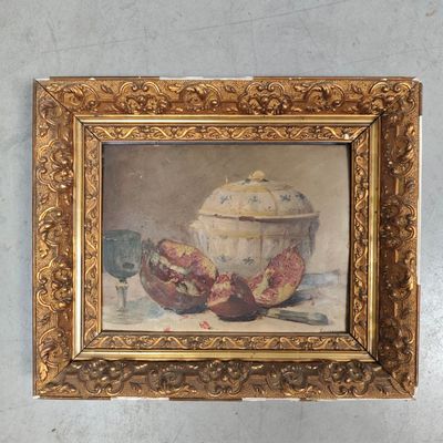 gold framed painting of a teapot and a bowl on a table