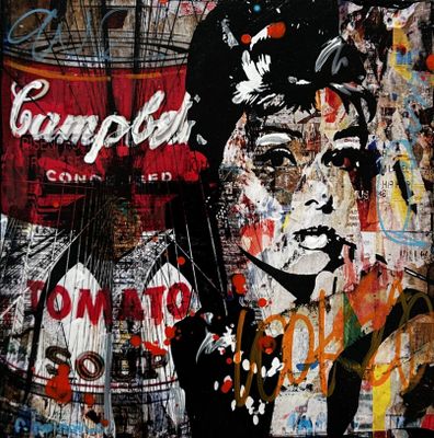 painting of a woman with a can of campbell ' s on a wall