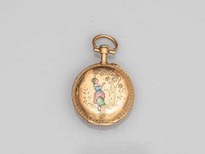 an image of a gold pocket watch with a picture of a girl on it