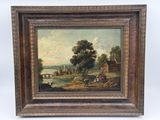 an oil painting of a farm scene with cattle and people by a river