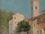 tableau représentant une scène de rue avec une calèche et une église en arrière-plan
