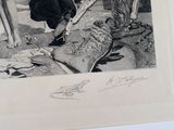 an old black and white drawing of a man kneeling next to a dog