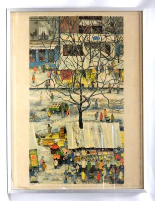 painting of a city street scene with a tree in the foreground