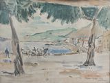 a watercolor painting of a beach scene with people on bicycles