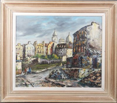 une peinture à l'huile représentant une ville en ruines avec une église en arrière-plan