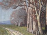 a painting of a country road with trees and grass
