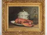 a painting of a lobster and a pot on a table