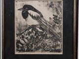 an image of a black and white drawing of a bird on a branch