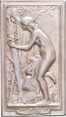 an image of a silver plaque with a woman and a child