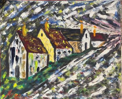 painting of a painting of a house in a mountainous area