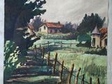 an image of a painting of a farm scene with a fence