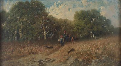 a painting of a group of people riding horses in a field