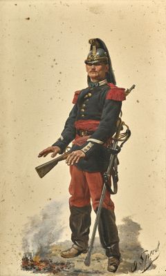 an old picture of a man in a uniform with a rifle