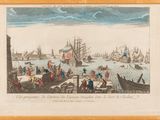 painting of a view of a harbor with boats and people on the water