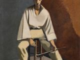 tableau représentant un homme assis sur une chaise, une épée à la main