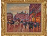 an oil painting of a city street scene with people walking down the street