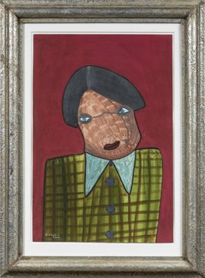 painting of a man in a suit and tie with a red background