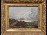 a painting of a man standing on a rock by the ocean