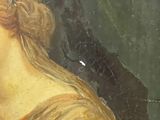 a close up of a painting of a woman with a bird in her hand