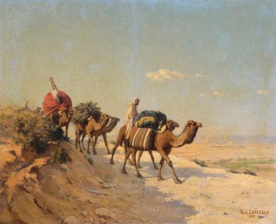 tableau représentant un groupe de personnes chevauchant des chameaux sur un chemin de terre