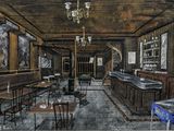 a drawing of a restaurant with tables and chairs in it