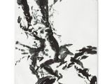 a black and white painting of birds on a tree branch