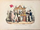 a drawing of a man selling fruit to a crowd of people