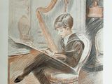 a drawing of a man sitting in a chair reading a book