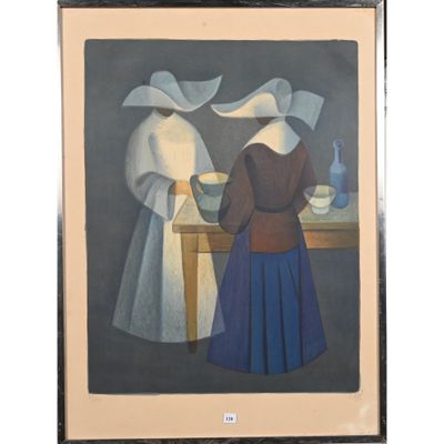tableau représentant deux femmes dans une cuisine avec un bol de nourriture