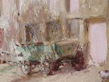 a painting of a green couch in a room