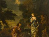 a painting of a woman and a man in a wooded landscape