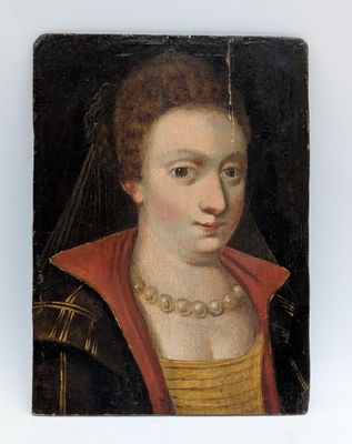 an old painting of a woman wearing a red cape and a gold necklace