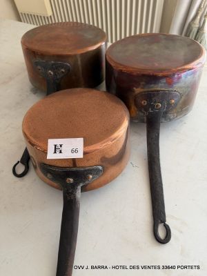 three pots and pans sitting on a table